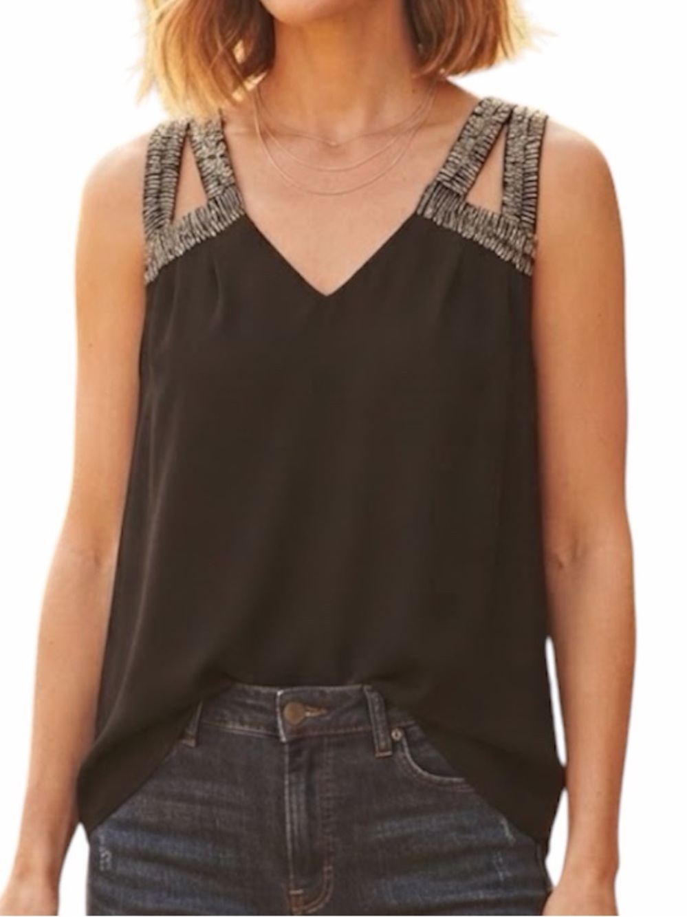 Indie Sleaze Y2K Black Beaded Laser Cutout Sleeveless Blouse Tank GUESS S